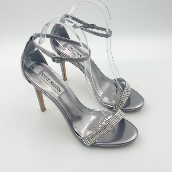 Steve Madden Shoes - Steve Madden Stecy Silver Rhinestrone Heels Sz 8 Strappy Sandals LN